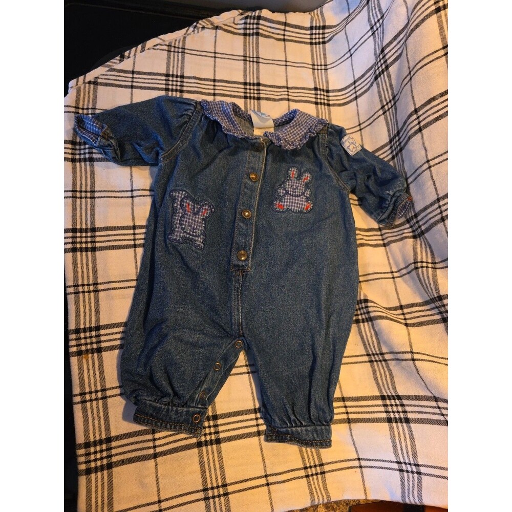 Vintage Little Me Denim Romper 6M Gingham Bunny Applique Baby Girl Outfit‎ Denim